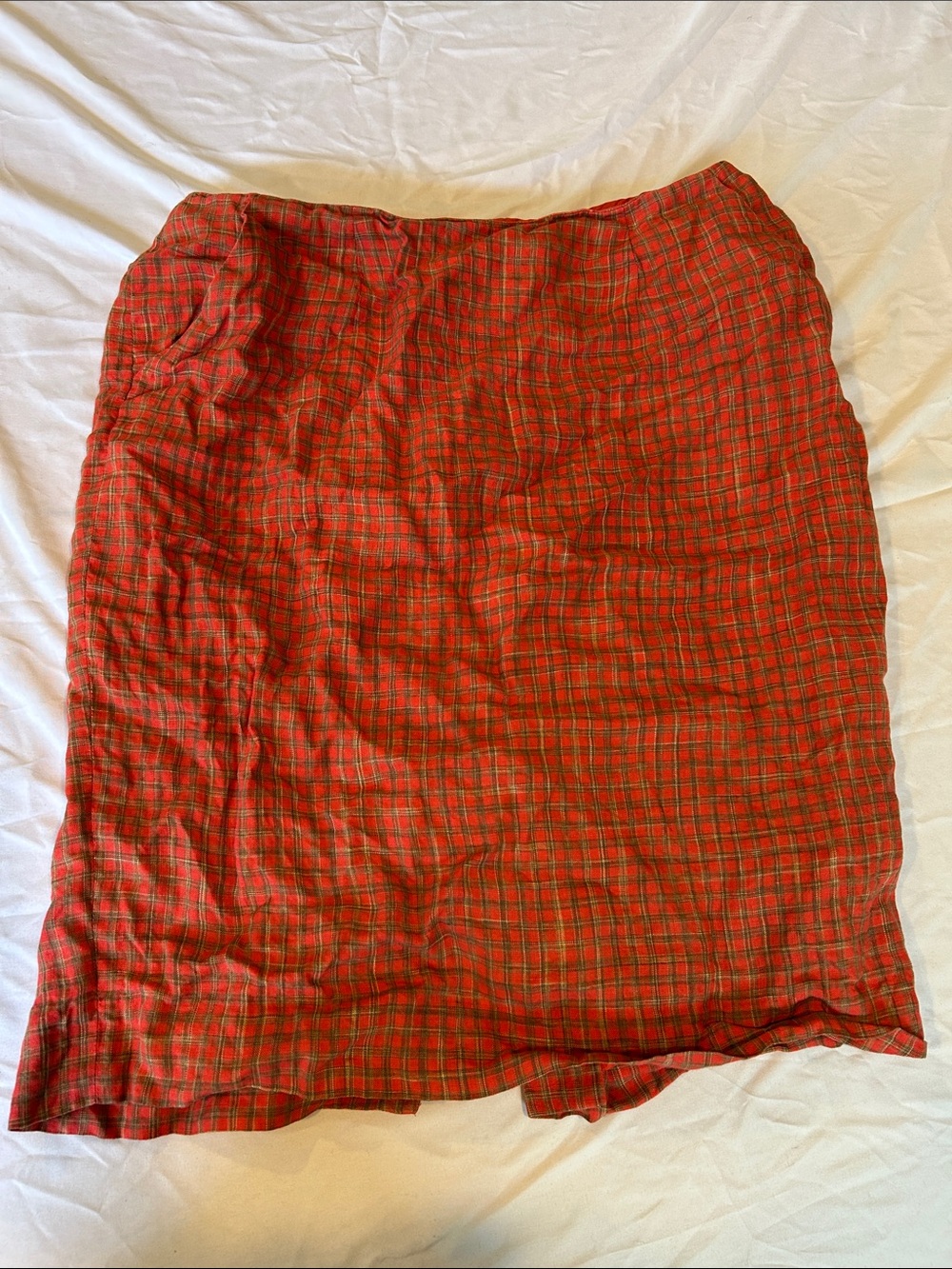Dana Bachman 100% Linen Red Plaid Women's Lined Pocketed Skirt Size 14